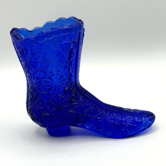 Fenton Cobalt Blue Glass Daisy & Button Flowered Victorian Boot 4" Tall Vintage - Picture 3 of 5